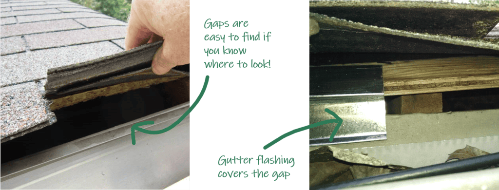 Gaps in roof shingles causing pest entry points; gutter flashing installed to seal gaps and prevent pest intrusion at Campbell Natural Pest Control.